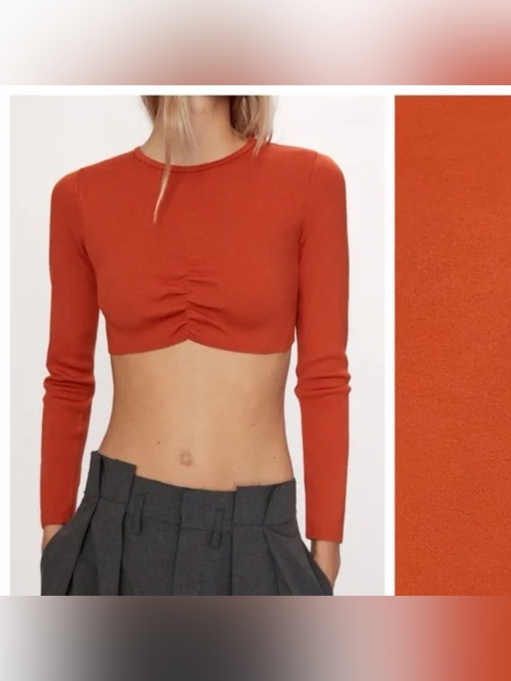 Zara Rust Long Sleeve Cropped Ruched Top